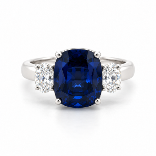 7.49ct Cushion-Cut Blue Sapphire & Oval Diamond Ring in Platinum