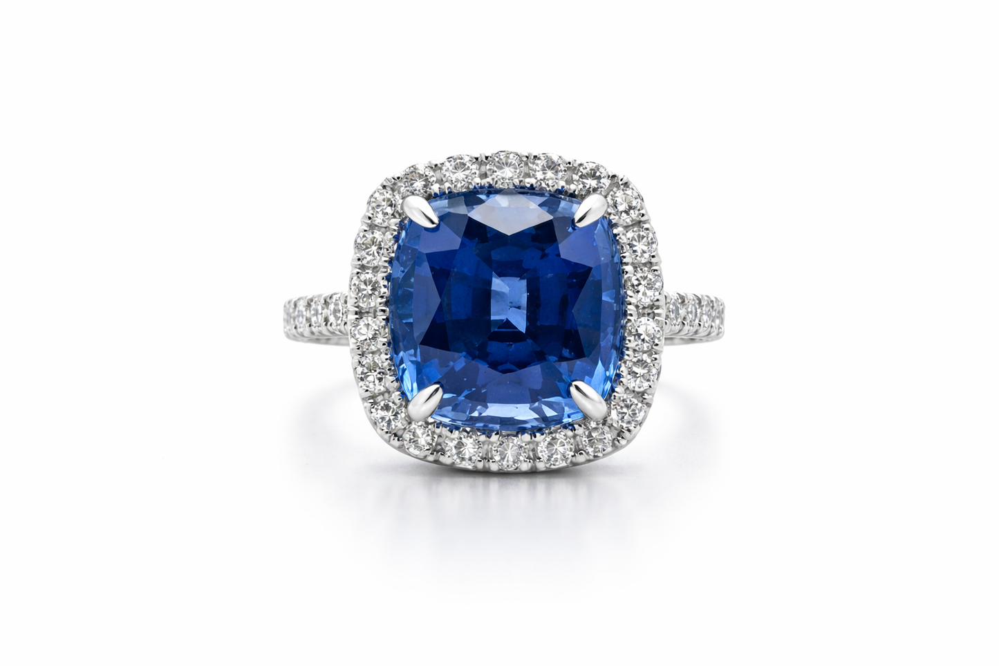 White Gold Cushion Cut Blue Sapphire and Diamond Ring