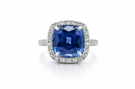 White Gold Cushion Cut Blue Sapphire and Diamond Ring