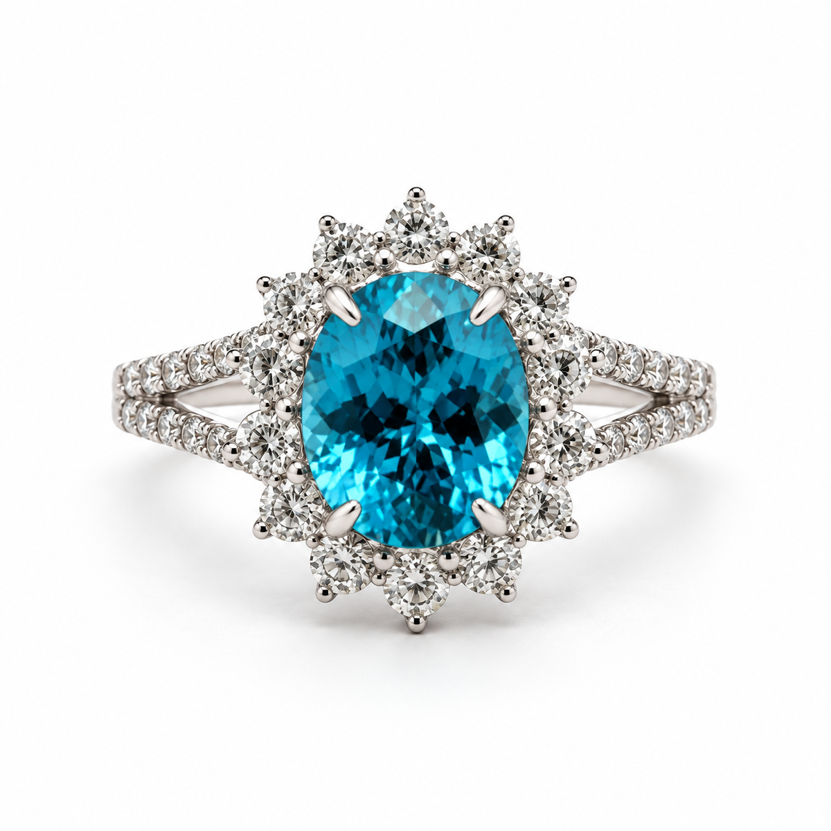 3.07ct Oval Blue Zircon & Diamond Halo Ring in 14K White Gold