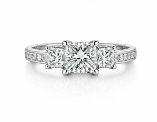White Gold Princess Cut Diamond Three Stone Engagement Ring