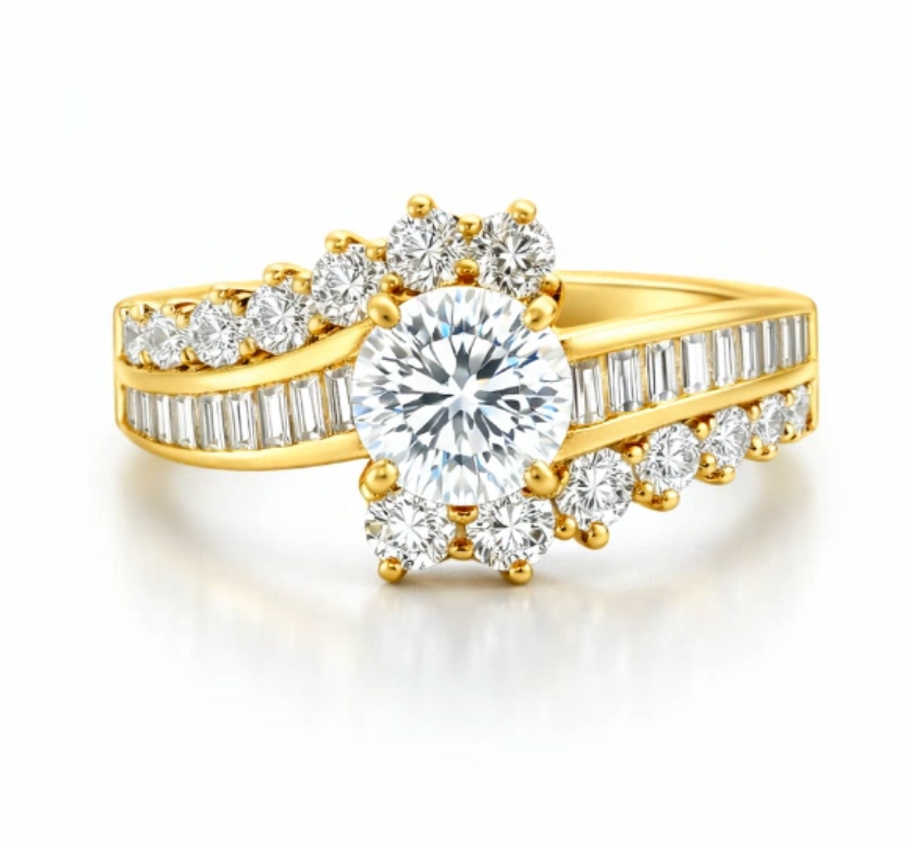 2.48 CTW Round and Baguette Diamond Bypass Engagement Ring in 18K Yellow Gold