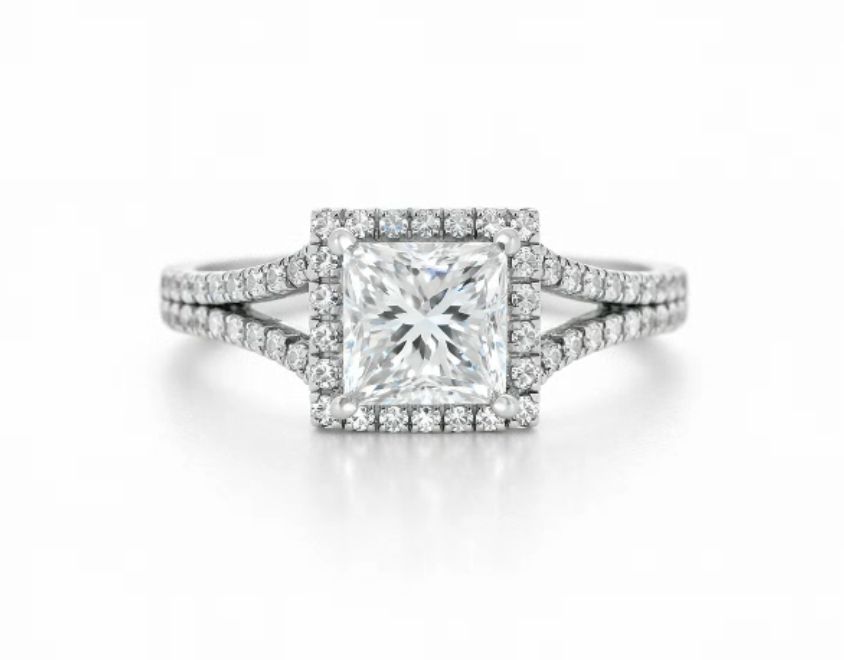 1.45 CTW Princess Cut Diamond Halo Split Shank Engagement Ring in 14K White Gold