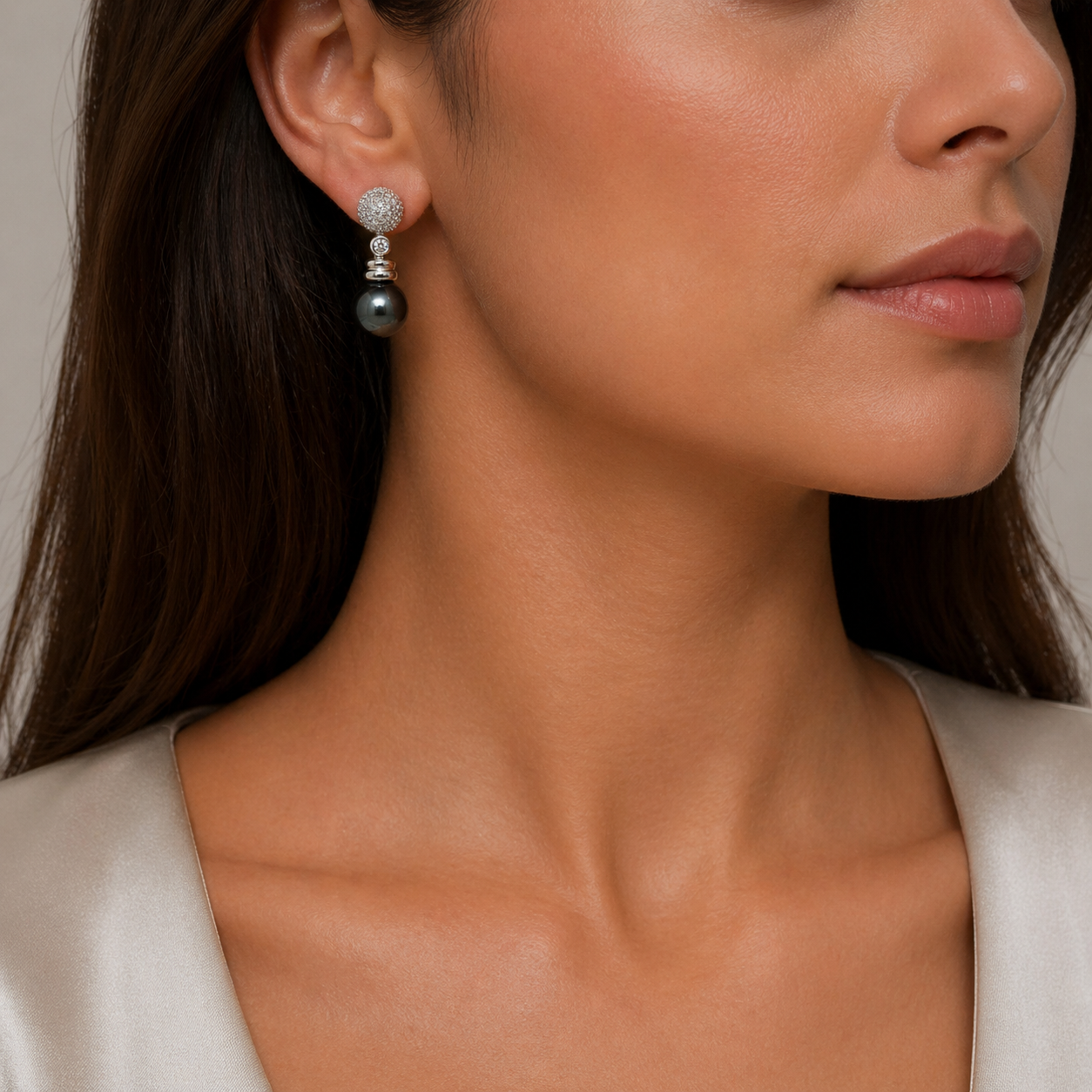 White Gold Tahitian Pearl and Diamond Drop Earrings