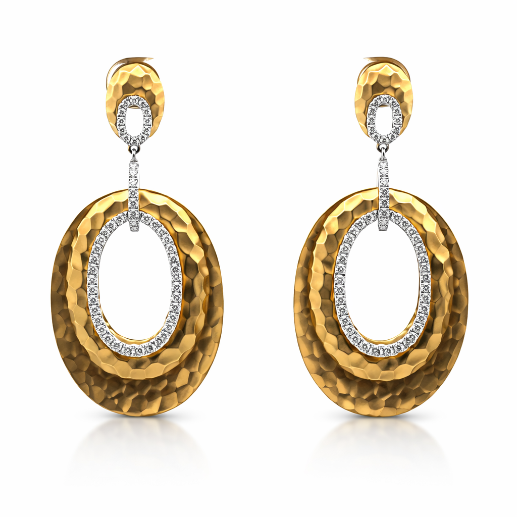 Yellow and White Texture Gold and Diamond Drop Earrings