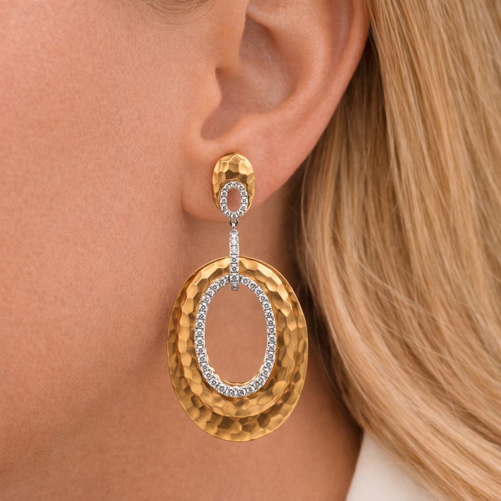 Yellow and White Texture Gold and Diamond Drop Earrings