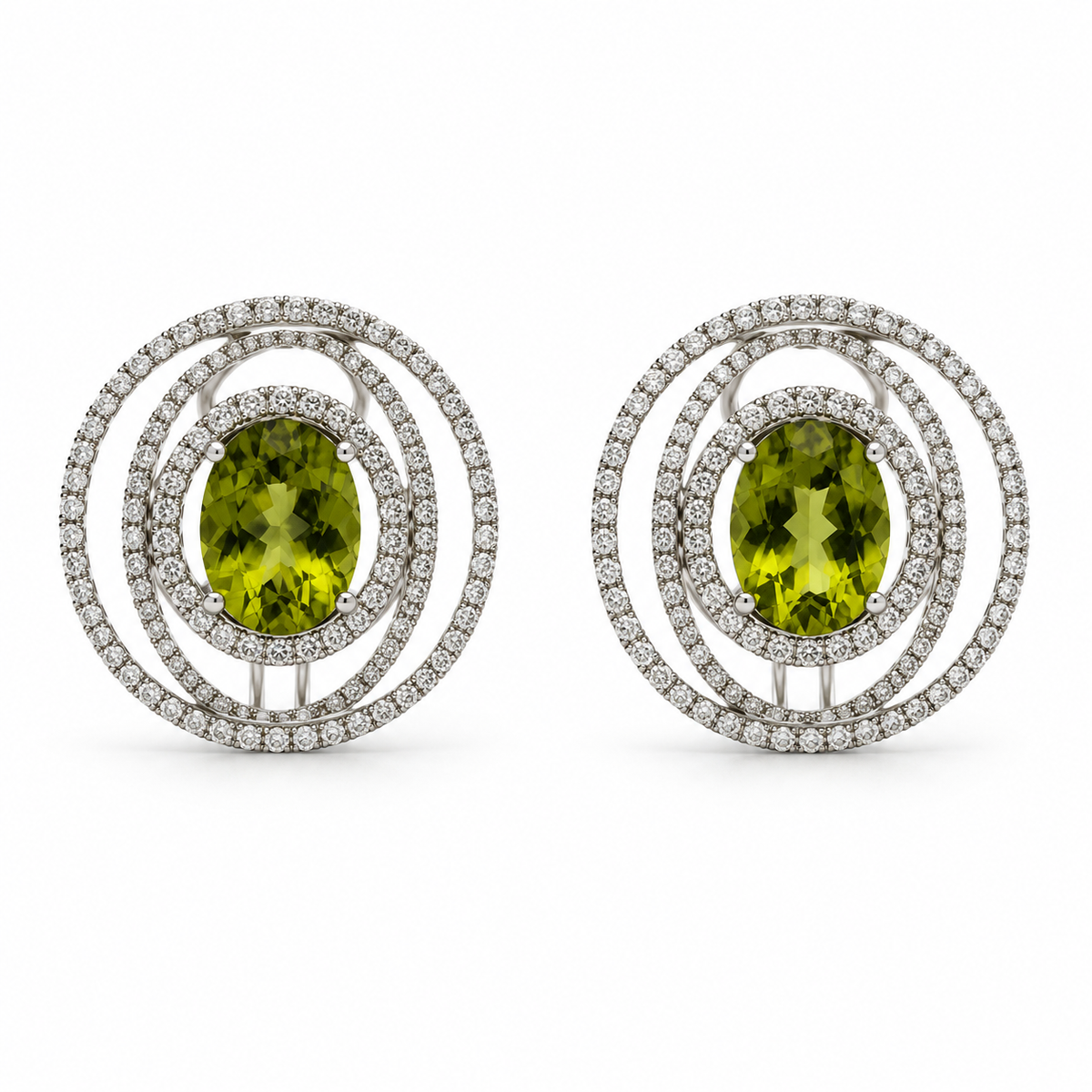 5.25ctw Oval Peridot and Diamond Earrings in 14K White Gold