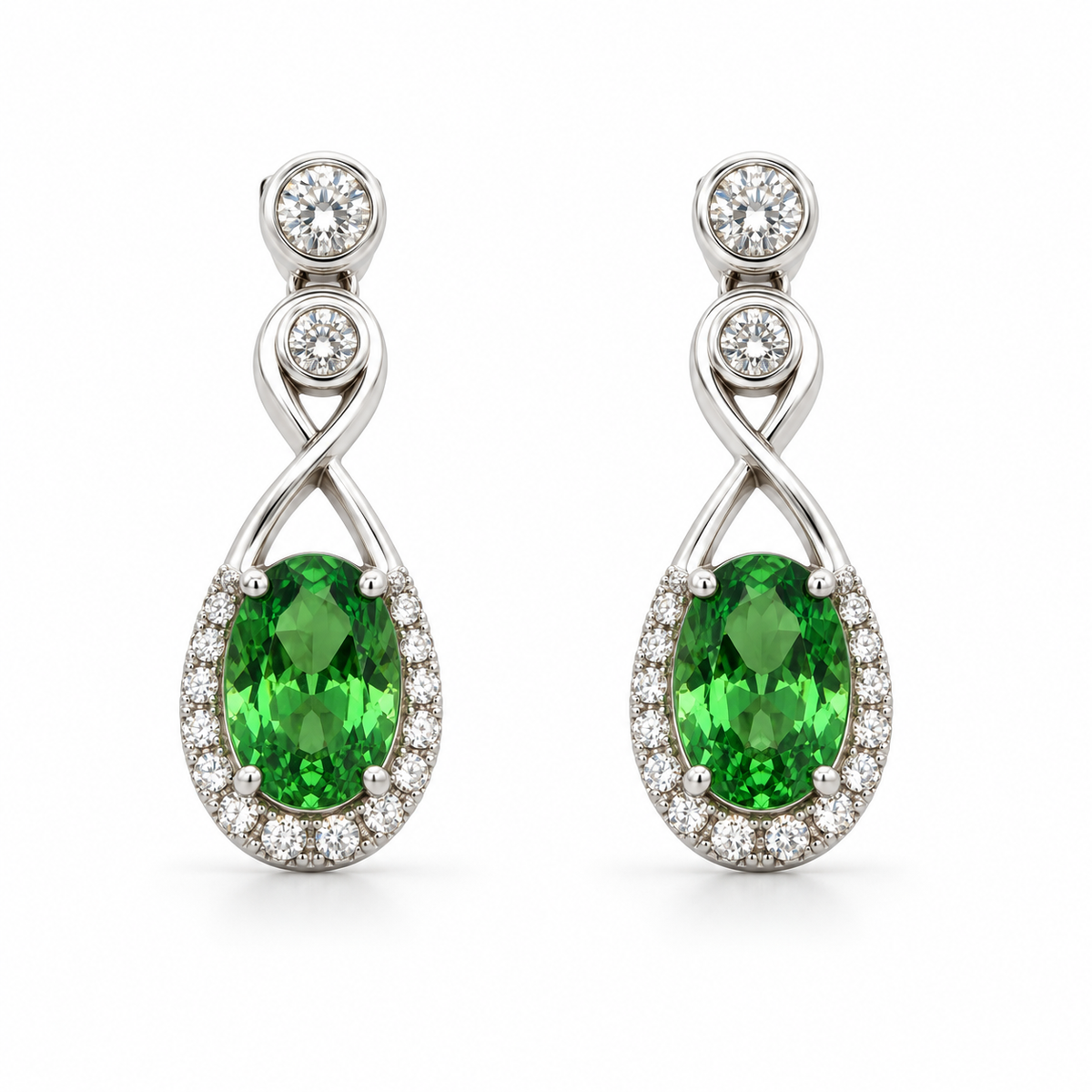 2.42ctw Oval Tsavorite Garnet & Diamond Drop Earrings in 14K White Gold