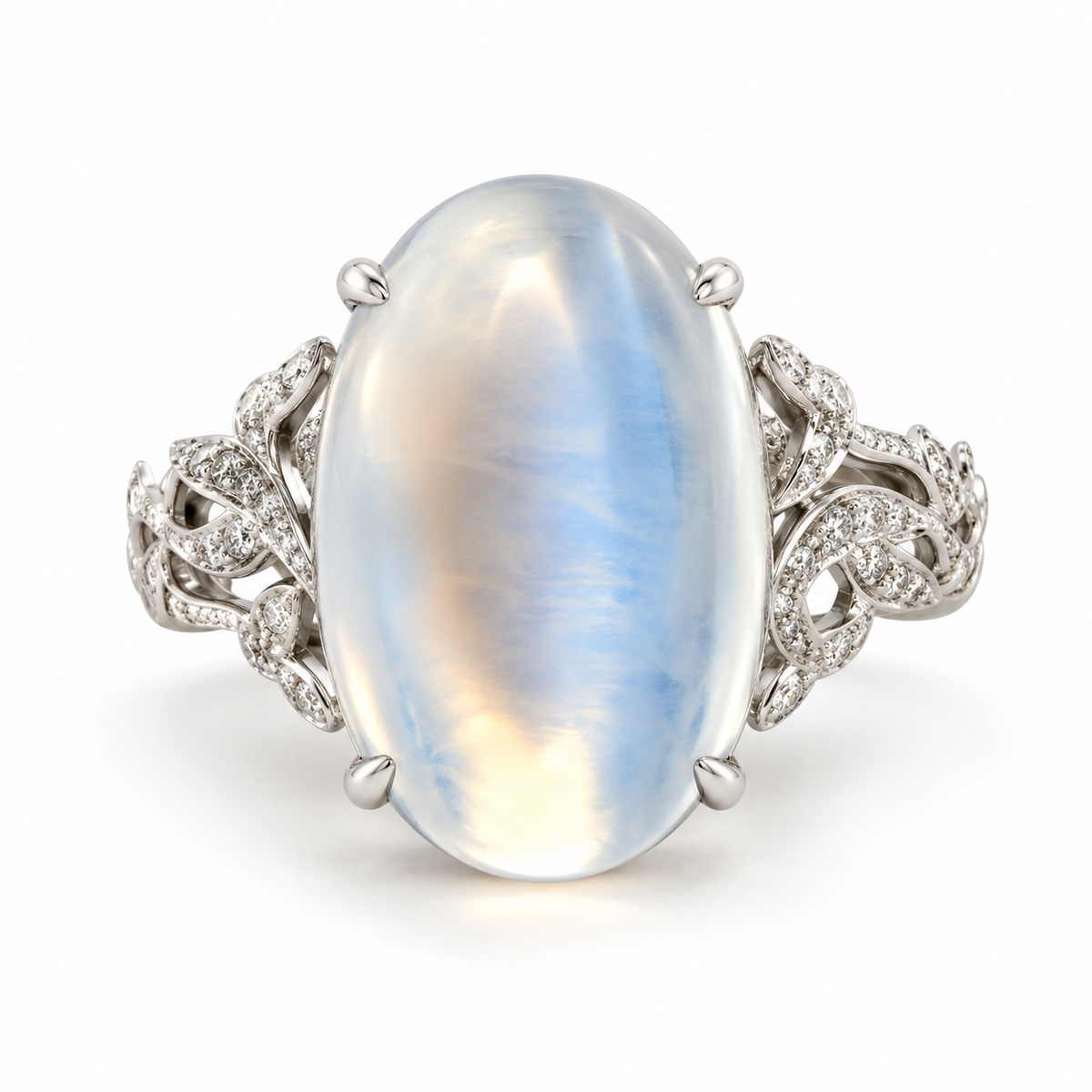 12.89ct Oval Blue Moonstone & Diamond Ring in 18K White Gold