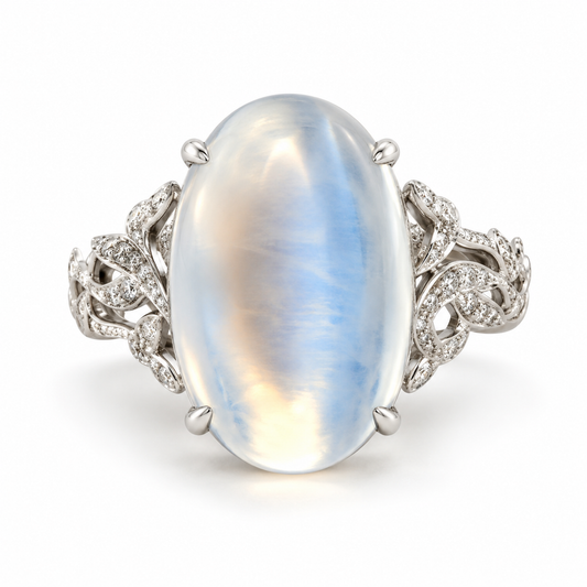 12.89ct Oval Blue Moonstone & Diamond Ring in 18K White Gold