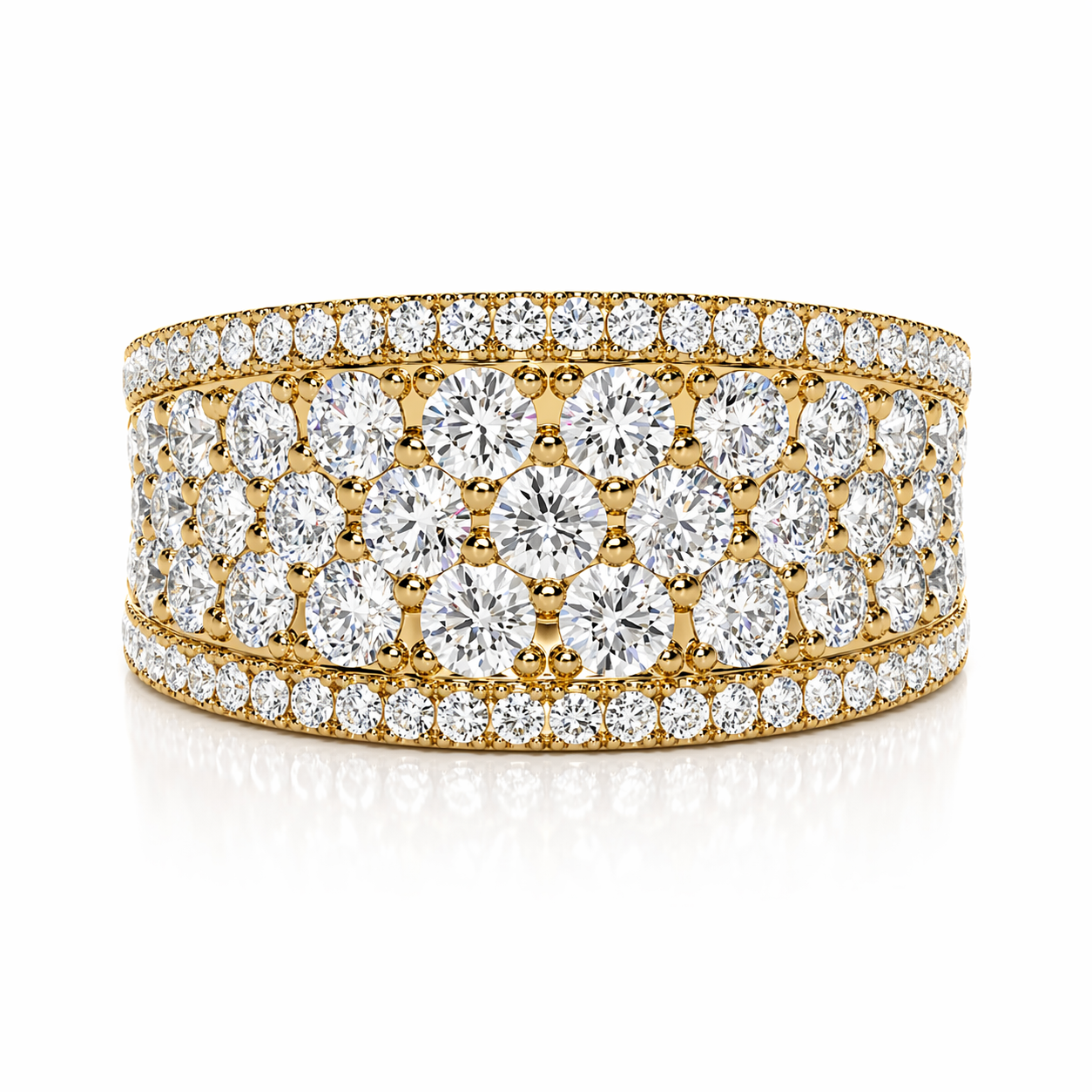 Yellow Gold Wide Multi Row Pave Diamond Statement Ring