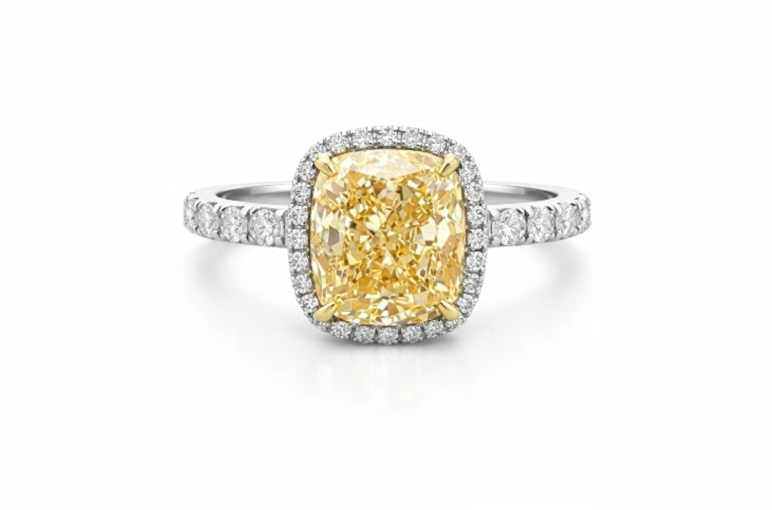 White and Yellow Gold Cushion Cut Lab-Grown Yellow Diamond Engagement Ring