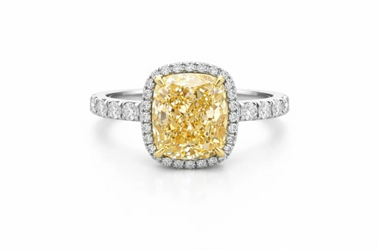 White and Yellow Gold Cushion Cut Lab-Grown Yellow Diamond Engagement Ring