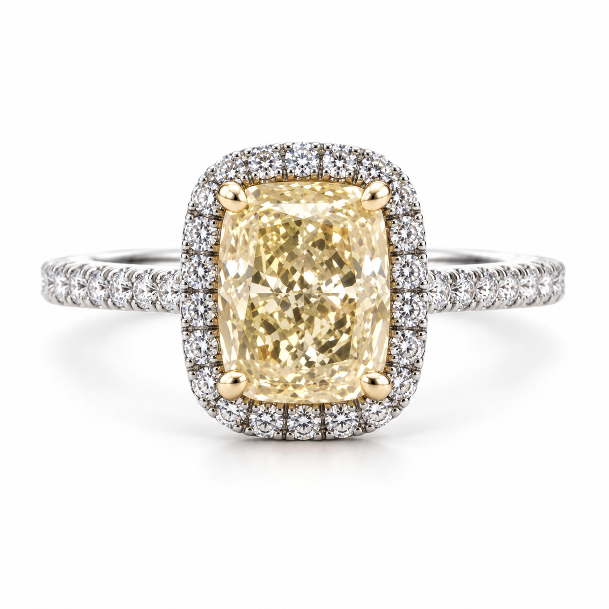 3.28 CTW Yellow Cushion Lab Grown Diamond Halo Engagement Ring in Platinum and 18K Gold
