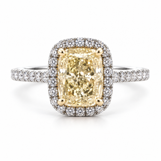 3.28 CTW Yellow Cushion Lab Grown Diamond Halo Engagement Ring in Platinum and 18K Gold