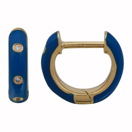 14K Yellow Gold Blue Enamel Diamond Huggie Hoops (.03ctw)