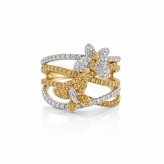 Palladium and Yellow Gold Butterfly Multi Row Ring With Yellow and White Diamonds