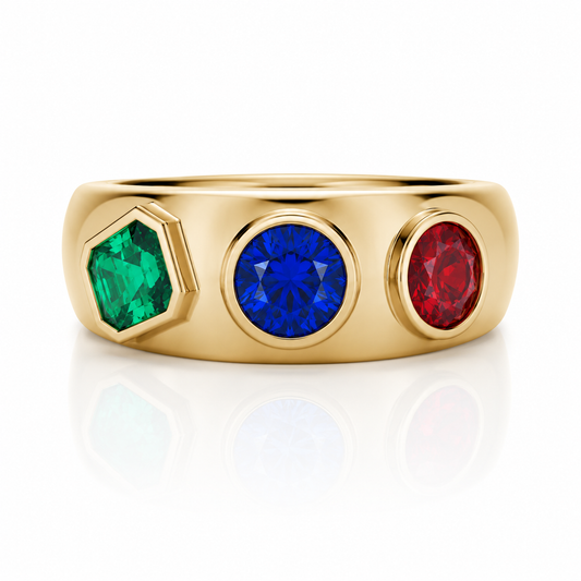 Yellow Gold Cigar Ring With Lab-Grown Ruby, Sapphire, and Emerald