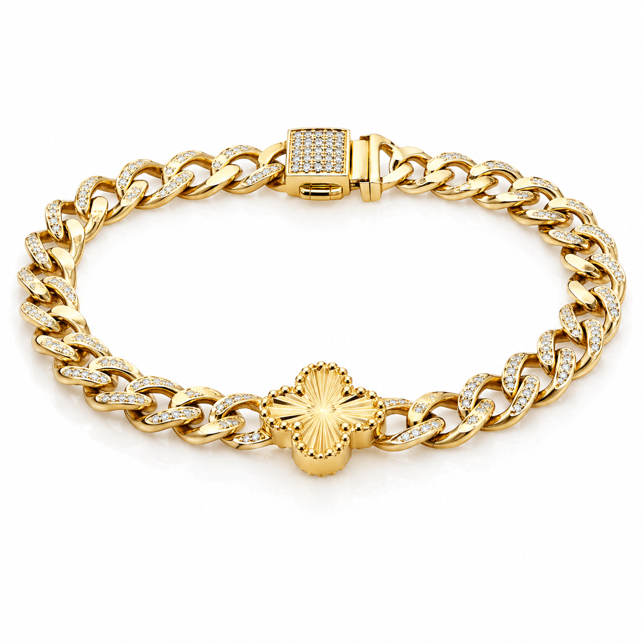 Yellow Gold Diamond Accented Cuban Link Bracelet With Clover