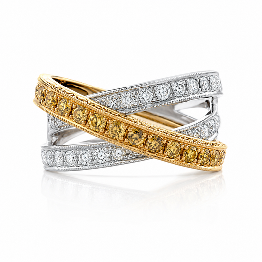 Yellow Gold and Palladium Fashion Ring With White and Fancy Yellow Diamonds