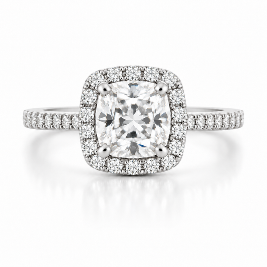 2.03 CTW Round Diamond Cushion Halo Engagement Ring in 14K White Gold