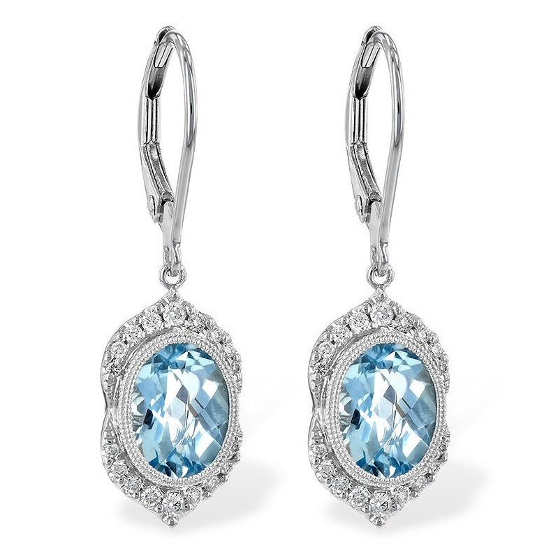 14K White Gold Oval Aquamarine And Diamond Halo Drop Earrings (2.43ctw) 