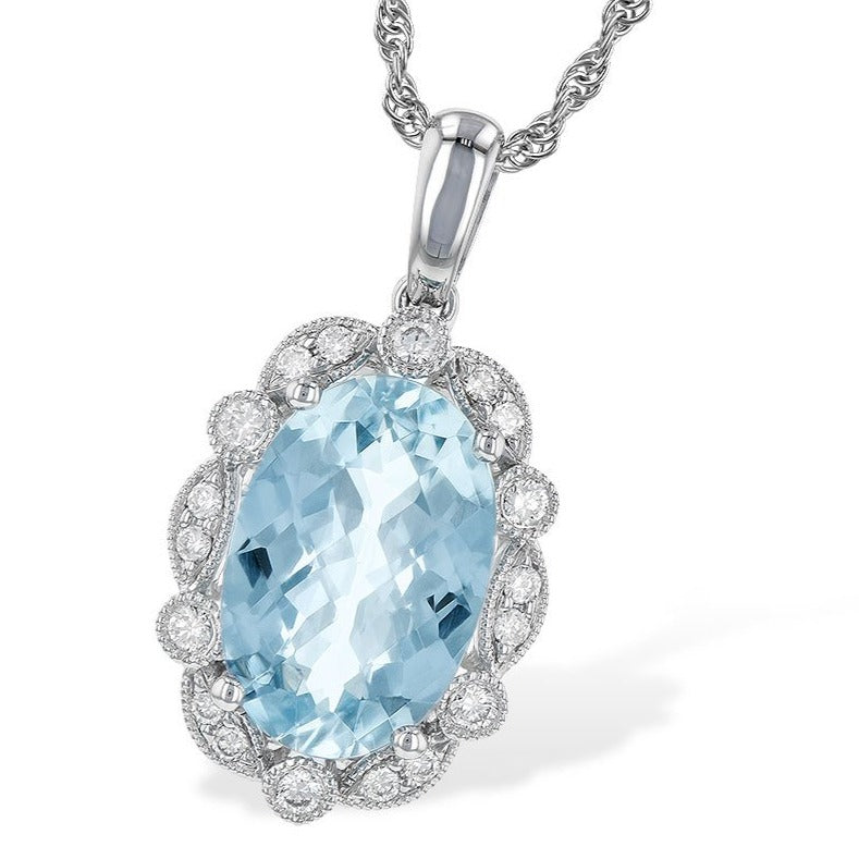 14K White Gold Oval Aquamarine And Diamond Halo Pendant (2.57ctw)