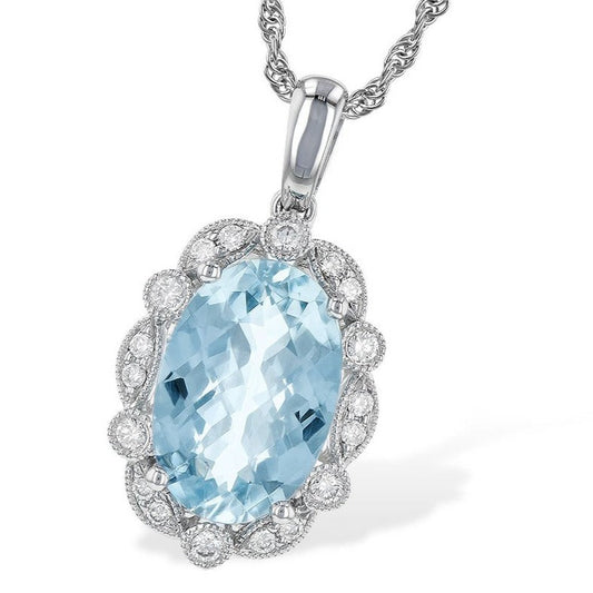 14K White Gold Oval Aquamarine And Diamond Halo Pendant (2.57ctw)