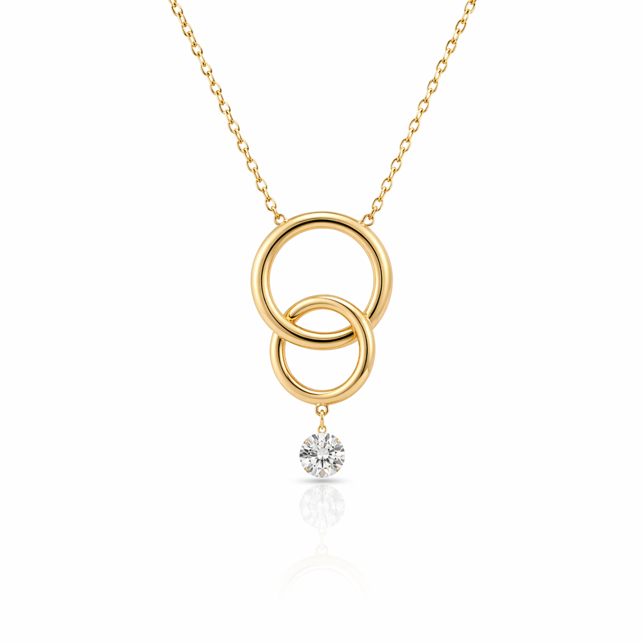 Yellow Gold Double Circle Necklace With Diamond Dangle Accent