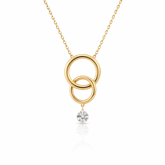 Yellow Gold Double Circle Necklace With Diamond Dangle Accent
