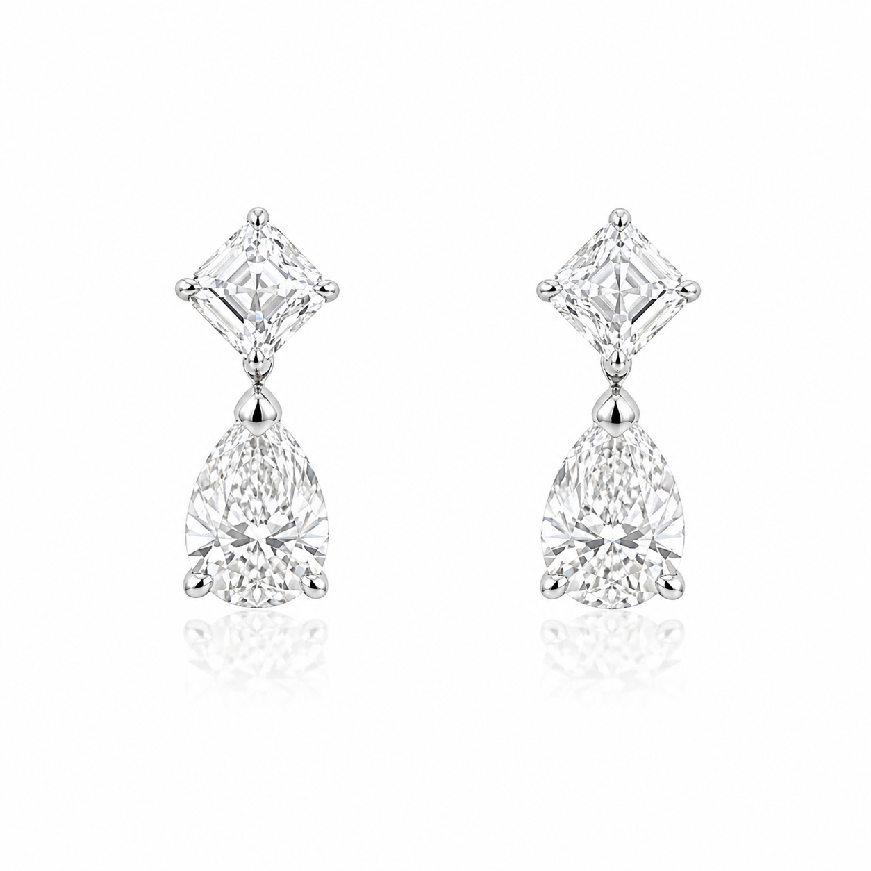 White Gold Asscher And Pear Shape Diamond Drop Earrings