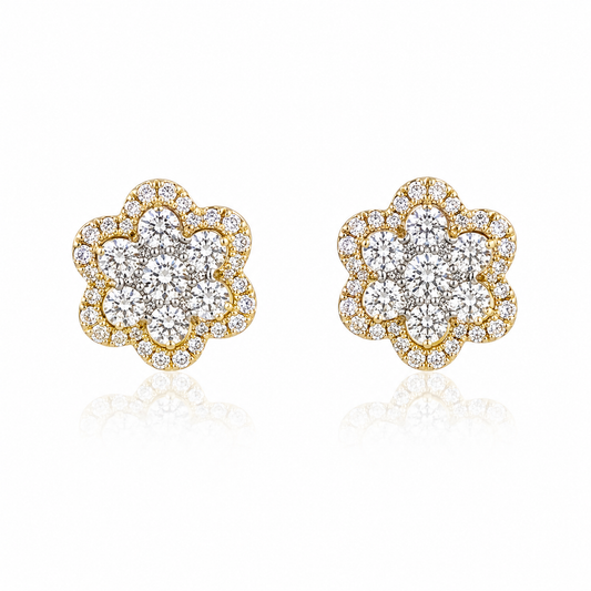 Yellow Gold Diamond Flower Cluster Stud Earrings