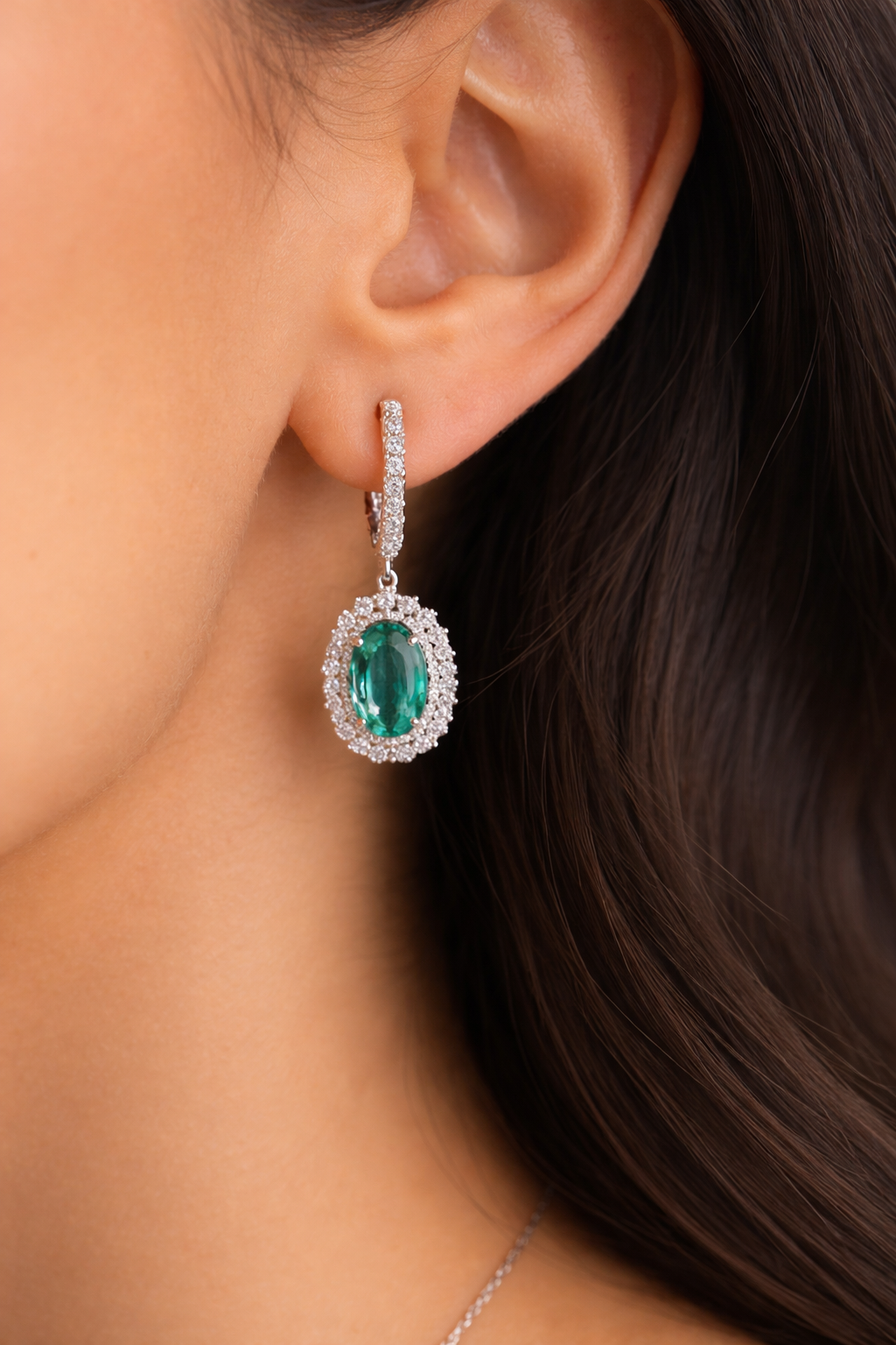 White Gold Emerald and Diamond Dangle Earrings