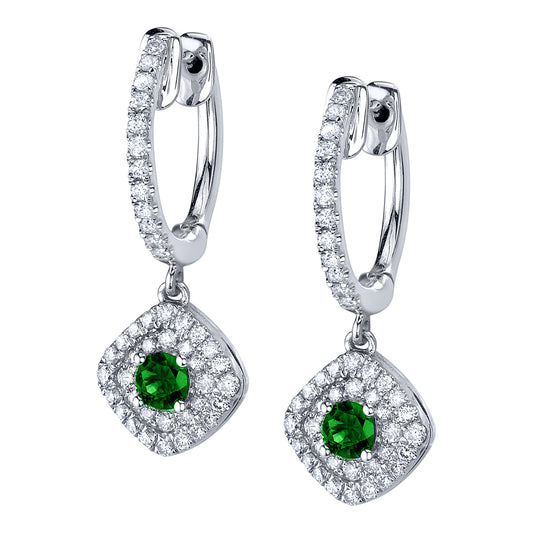 Double Halo Diamond Earrings with Emerald Center Stone