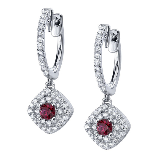 Double Halo Diamond Earrings with Ruby Center Stone