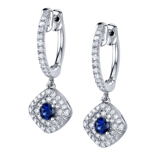 Double Halo Diamond Earrings with Sapphire Center Stone