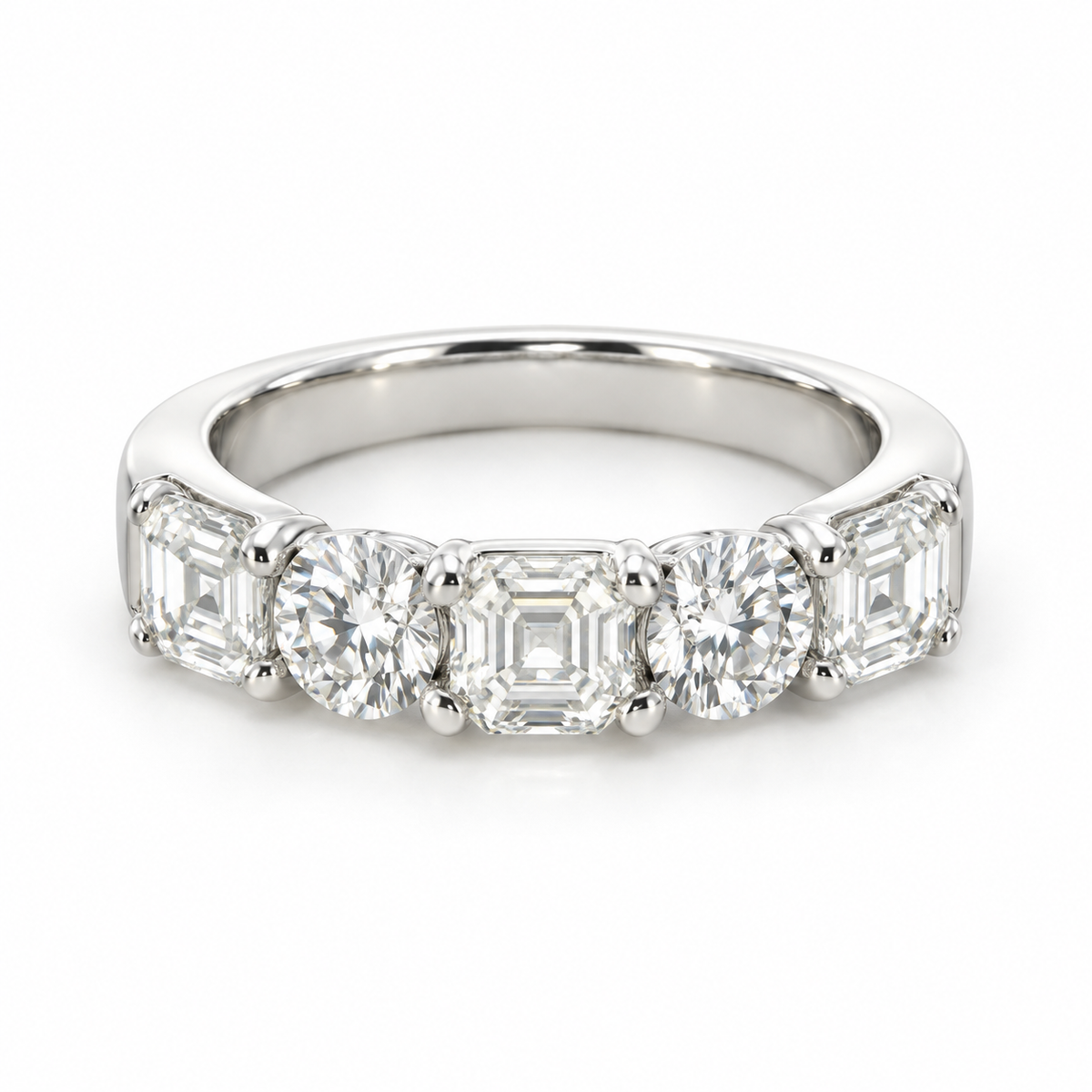 3.33 CTW Asscher Cut and Round Lab Grown Diamond Five Stone Wedding Band in 18K White Gold