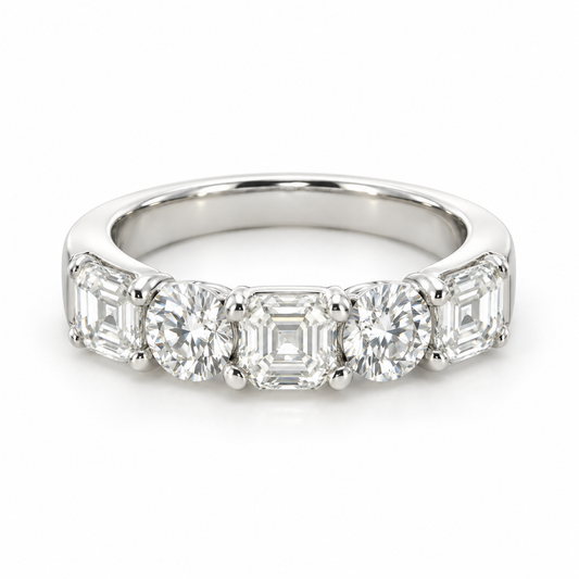 3.33 CTW Asscher Cut and Round Lab Grown Diamond Five Stone Wedding Band in 18K White Gold