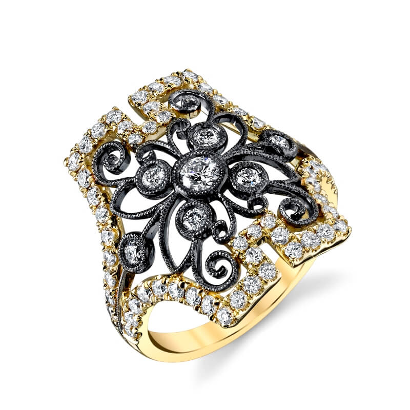 Vintage Inspired Yellow Gold and Black Rhodium Ring