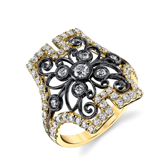 Vintage Inspired Yellow Gold and Black Rhodium Ring