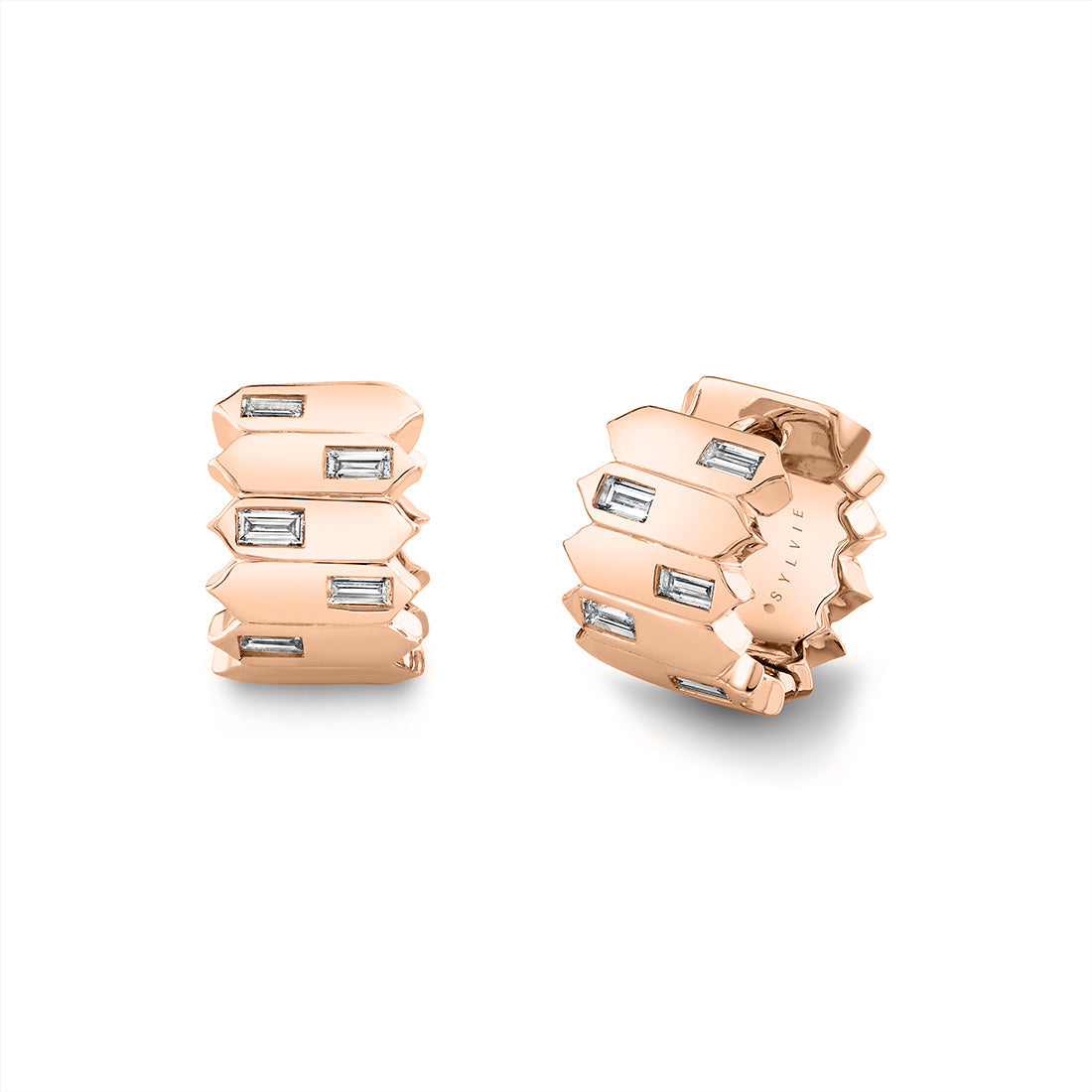 Shell Tip Bezel Baguette Diamond Huggies