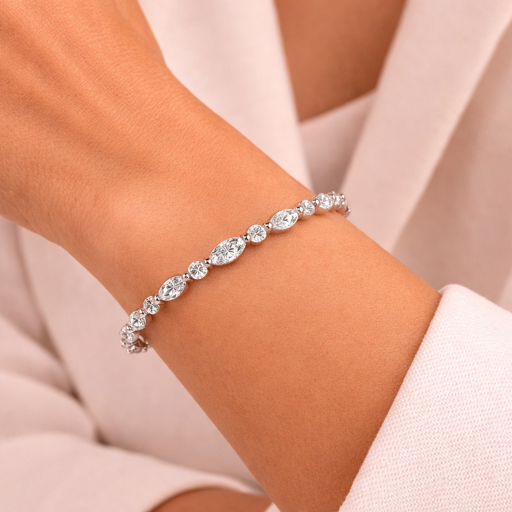 White Gold Round and Marquise Diamond Tennis Bracelet