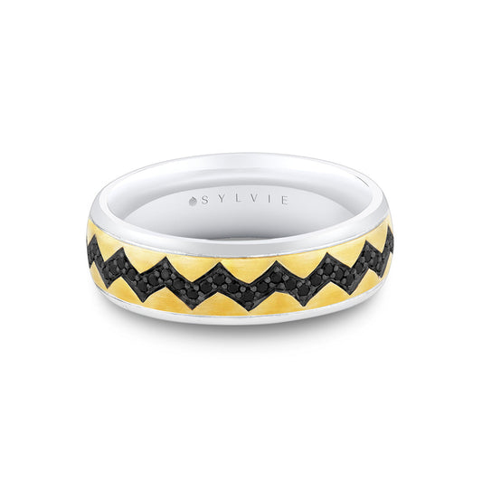 Shell Ascend Two Tone Mens Band with Black Diamonds - Vincent