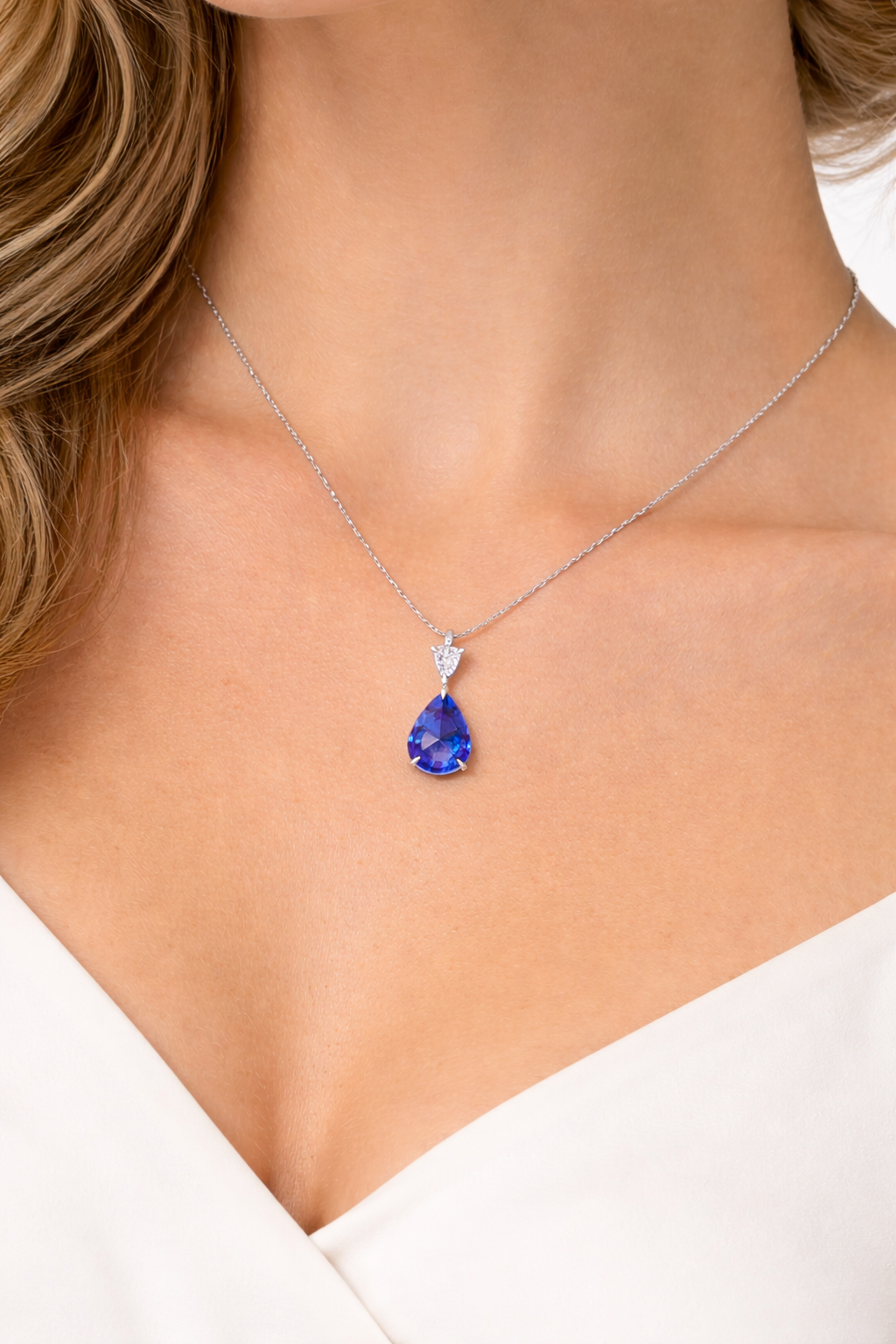 Platinum Pear Sapphire and Diamond Drop Necklace