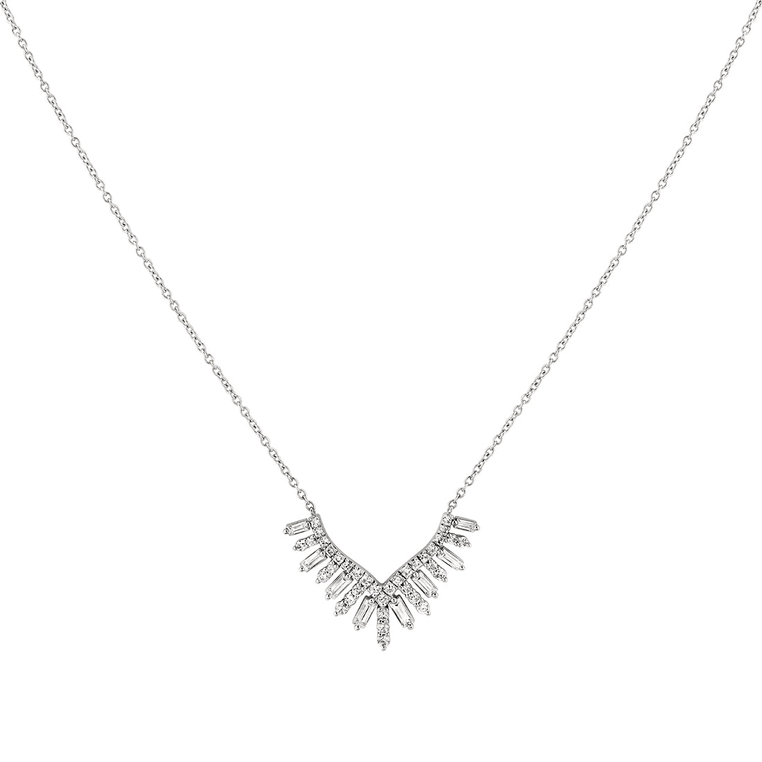 Eternelle Diamond Shell Tip Necklace with Alternating Round and Baguette Diamonds