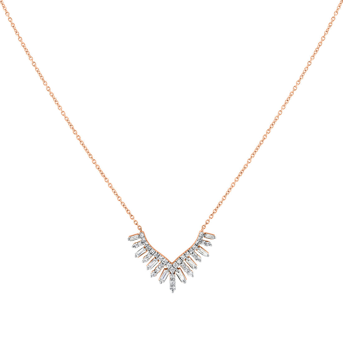 Eternelle Diamond Shell Tip Necklace with Alternating Round and Baguette Diamonds