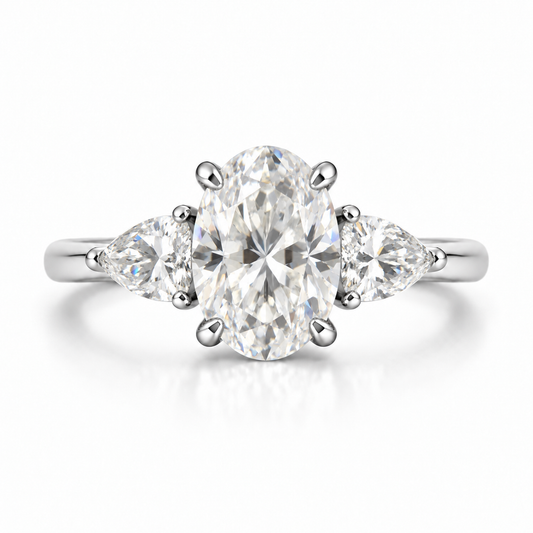1.72 CTW Oval and Pear Diamond Three Stone Engagement Ring in 14K White Gold