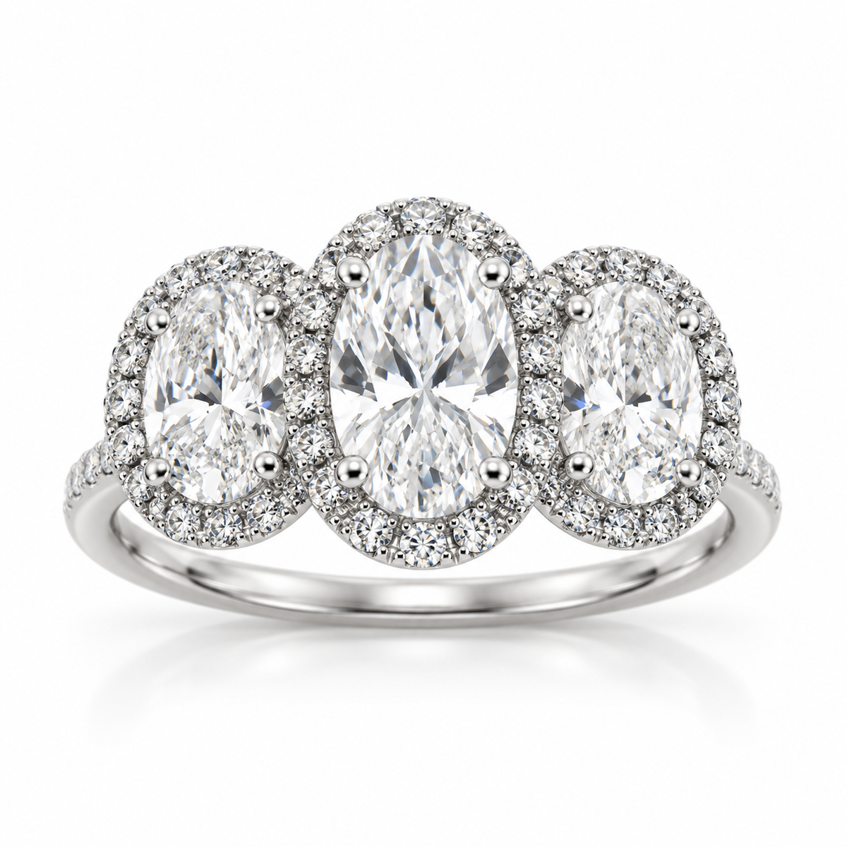 2.06 CTW Three-Stone Oval Diamond Halo Engagement Ring in 18K White Gold