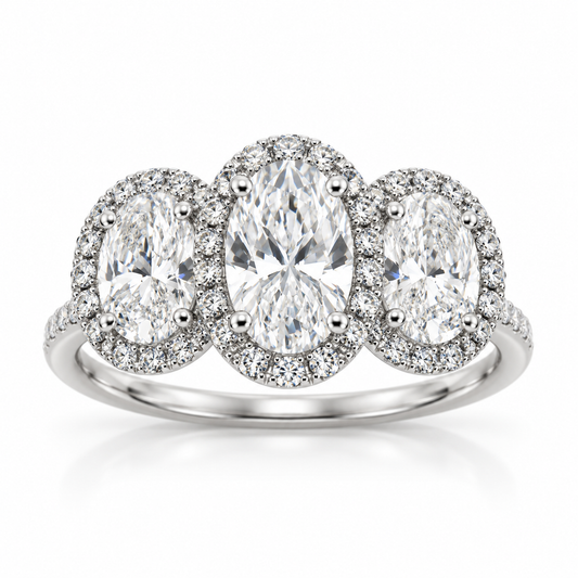 2.06 CTW Three-Stone Oval Diamond Halo Engagement Ring in 18K White Gold