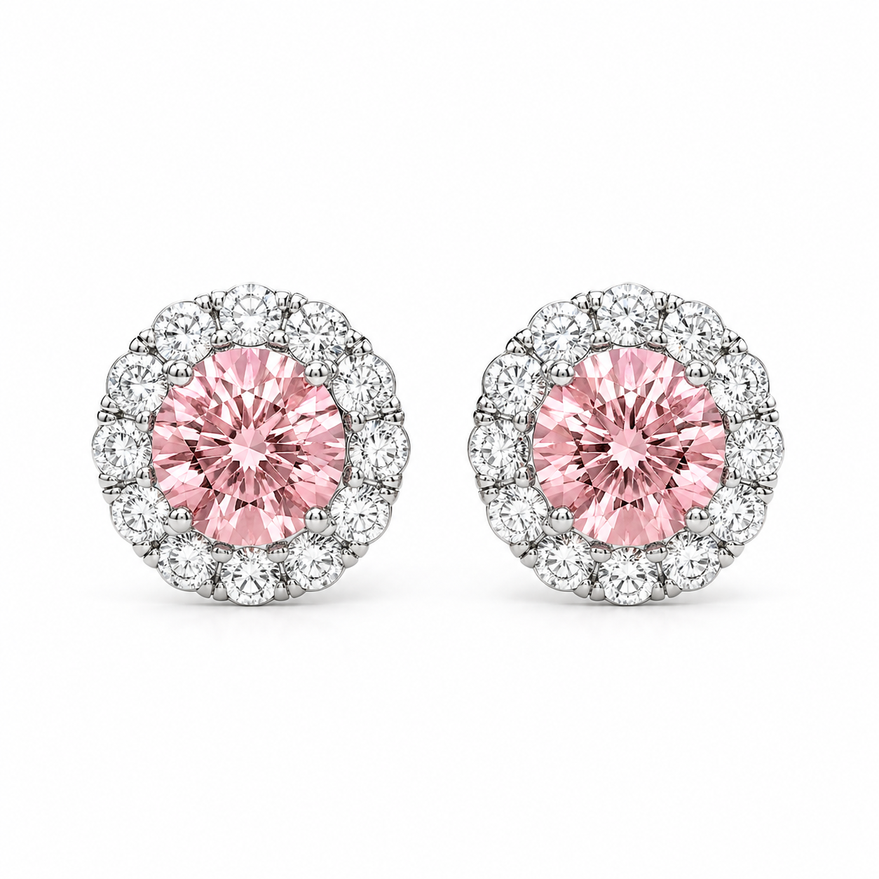 White Gold Lab-Grown Pink Diamond Halo Earrings